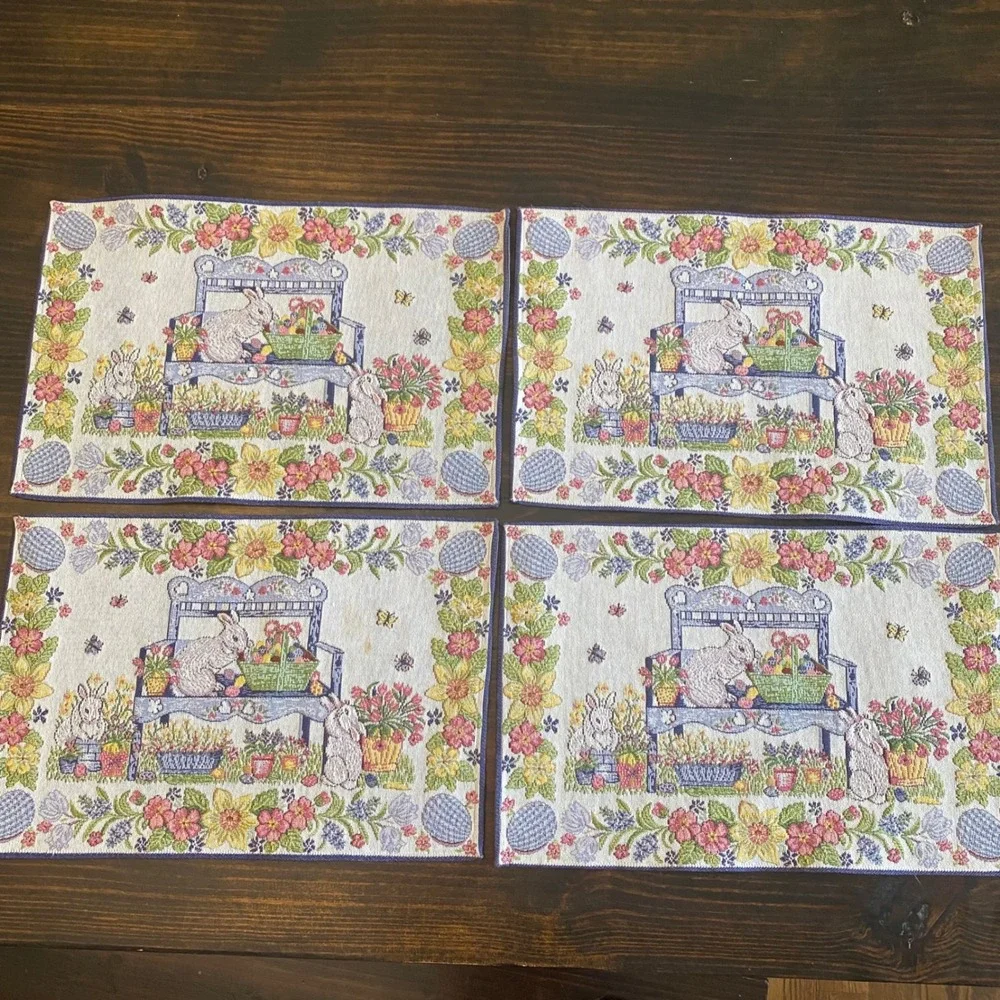 Set of 4 Easter Bunny Garden Woven Tapestry Placemats Spring Floral Blue